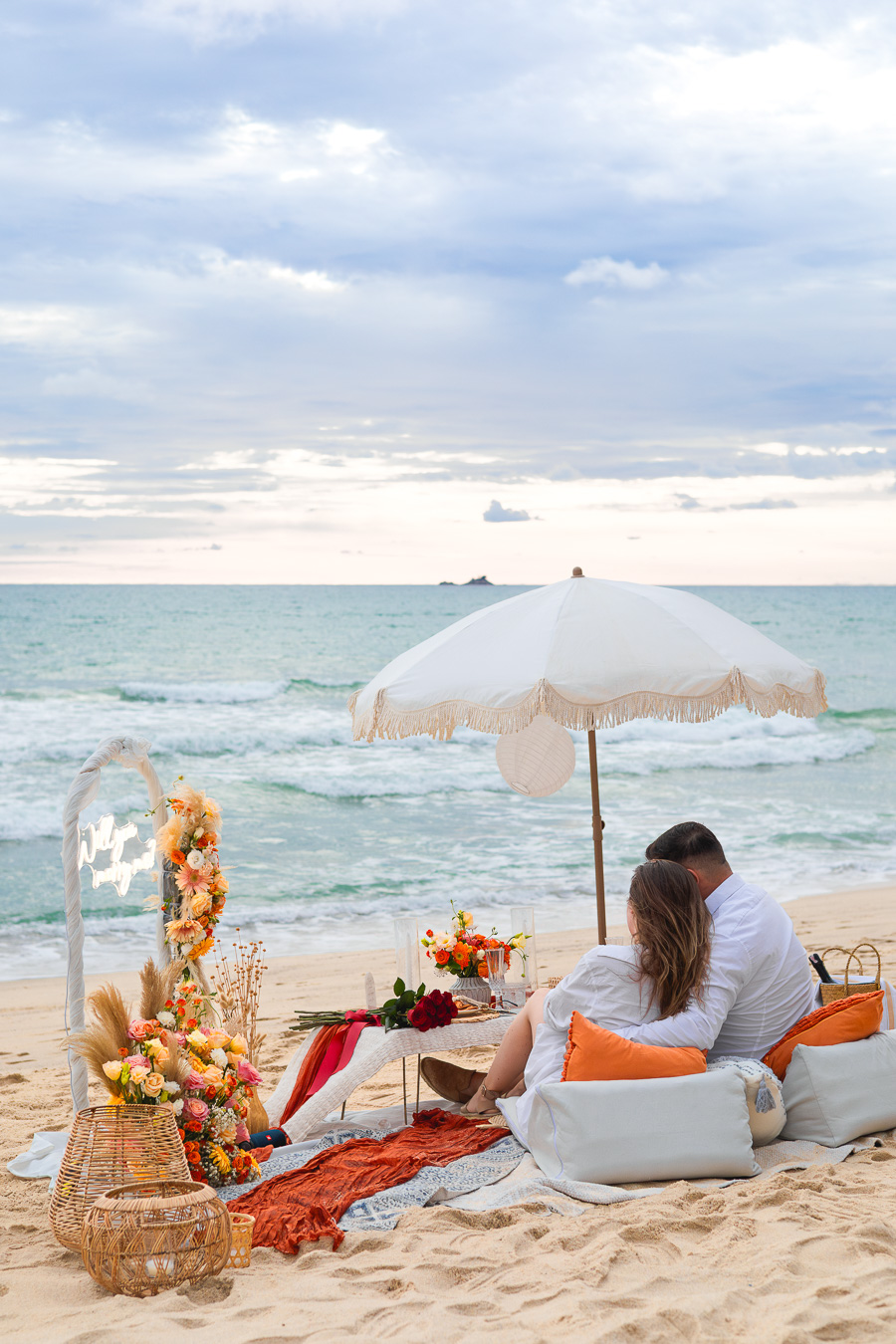 Romantic Bangtao Beach proposal setup in Phuket with photography